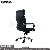 A black director chair with a high backrest, armrests, and a five-point wheeled base, made of heavy-duty stainless steel and covered in high-quality PU leather.